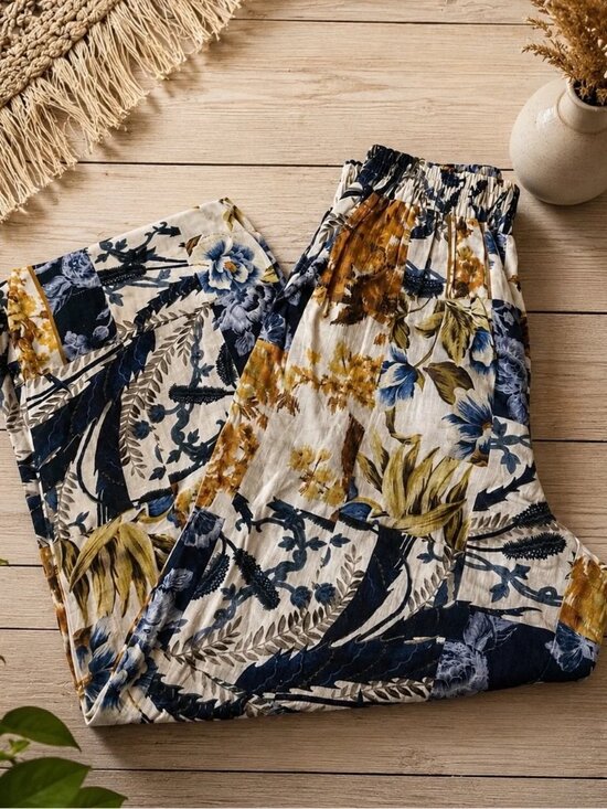 Pants - Floral patchwork Wide Leg Linen Pants Christian Siriano Small Coastal Beach Boho